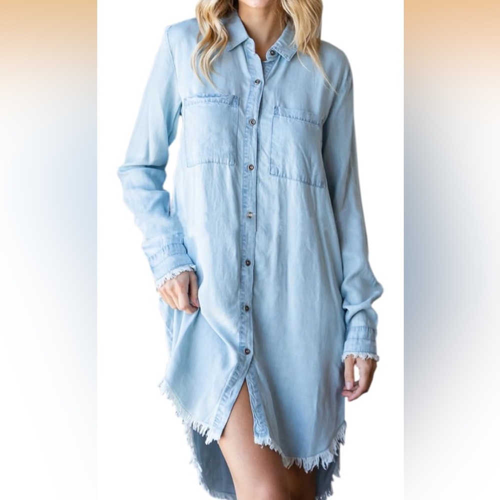 🖤 💛Light Blue Denim Shirt Dress - Casual Button-Down K - Picture 2 of 5